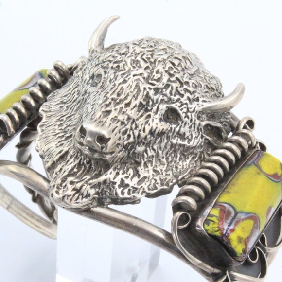 Rare! Gary Edwards Navajo Sterling Silver Trade Beads Buffalo Head Cuff Bracelet - Picture 3 of 11